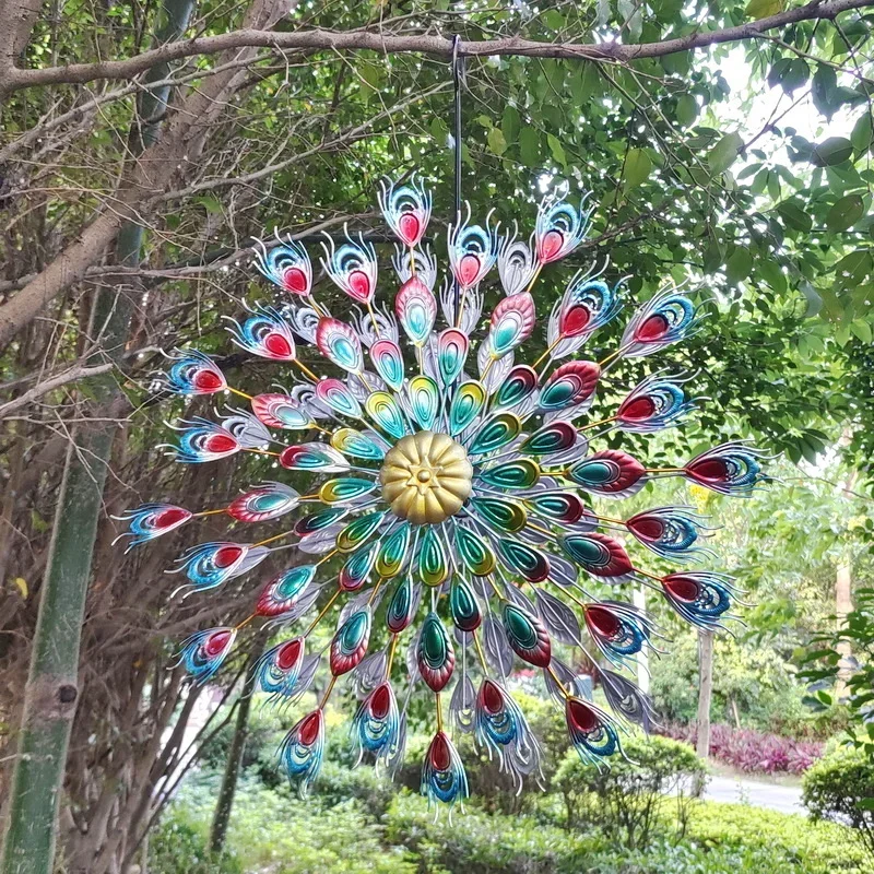 Peacock Windmill for Scenic Spots Iron Hanging Tree Decor Outdoor Photo Prop for Gardens Rotating Landscape Ornament with Hook