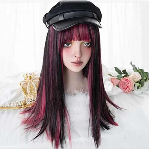 Imagen 2 del producto FOELISEE peluca sintética de 23 pulgadas con flequillo, peluca larga recta negra resaltada roja para mujer, peluca para fiesta de Cosplay y Navidad