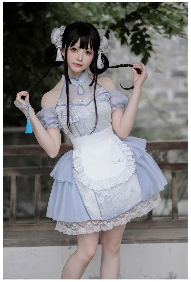 Nuovo abito corto op originale in stile cinese con grembiule Abito lungo cheongsam retrò Abiti stampati estivi con fiocco Lolita da donna