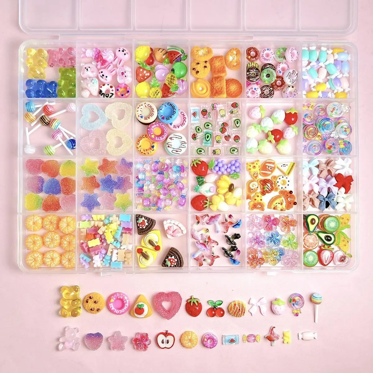 1 Box Bunte Multi-Style Mixed Nail Art Dekoration Harz Obst Süßigkeiten Serie Schleife Blume Nagel Charms Zubehör für Maniküre DIY