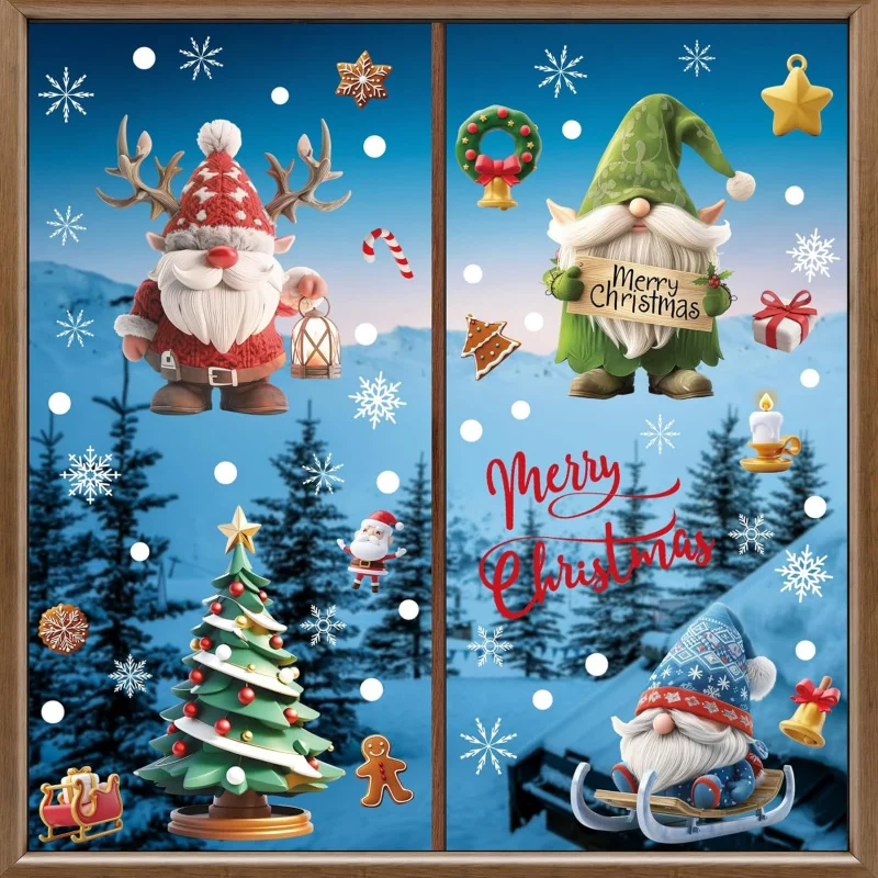 Weihnachts-Fensteraufkleber, 9 Blatt, bunte Weihnachtsmann-Schneemann-Rentier-Dekorationen, festliche Dekoration für den Urlaub