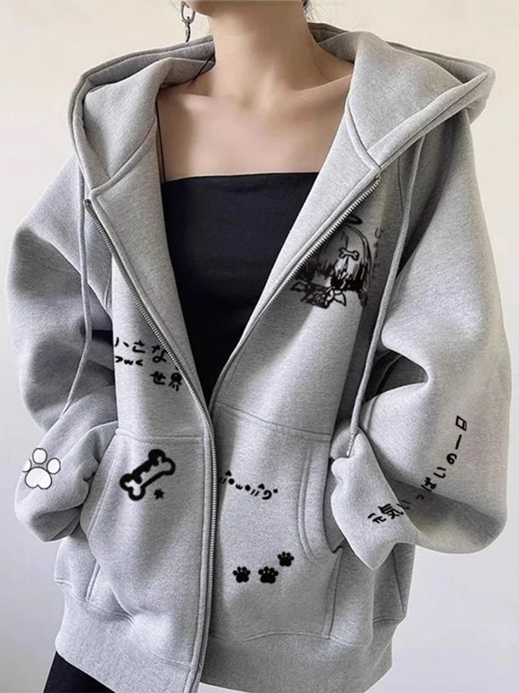 日本の漫画プリントパーカー女性かわいい怠惰な風ジッパーフード付きスウェットルーズカジュアル純粋な綿プレッピー原宿トップス