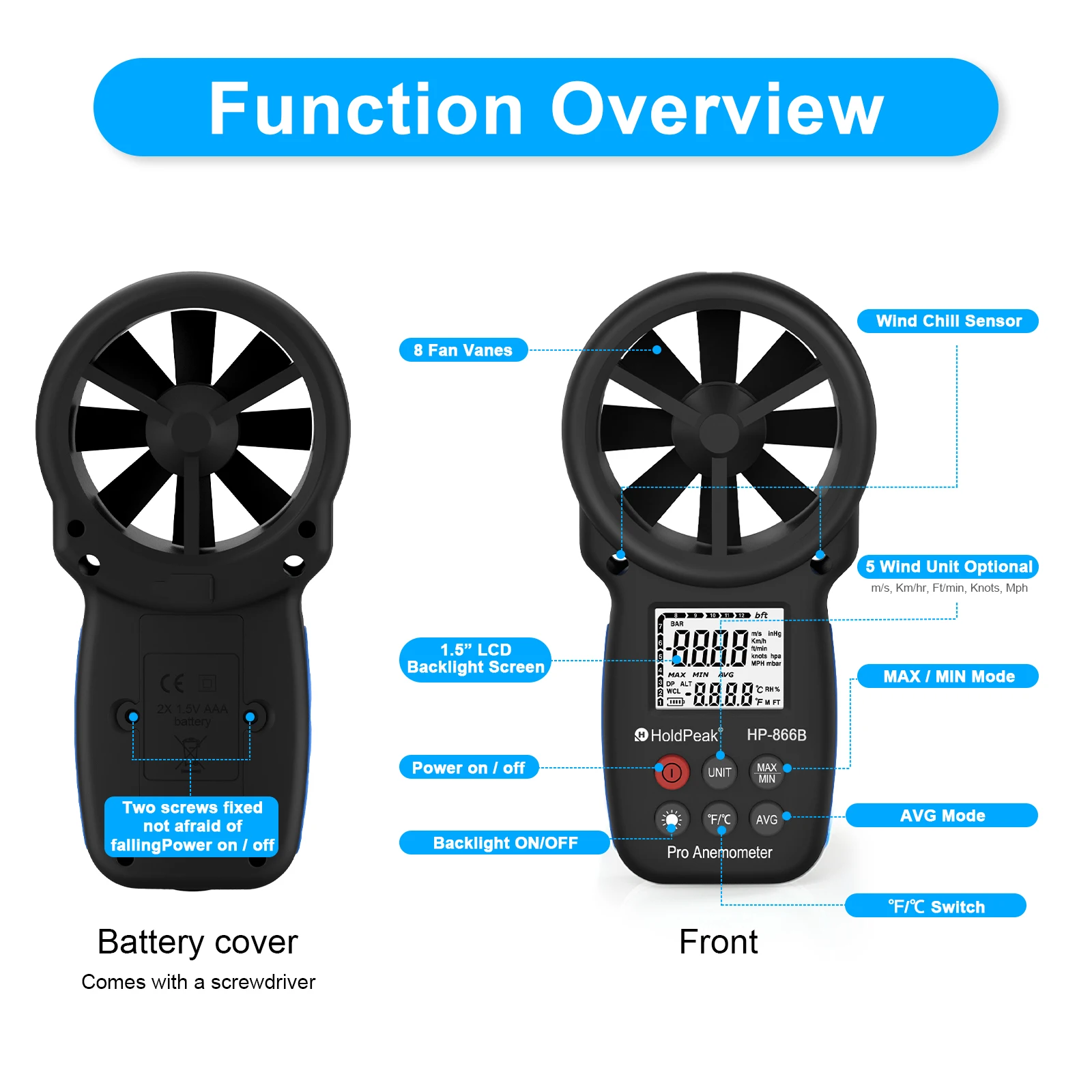 Imagem -02 - Anemômetro Digital Handheld Wind Velocidade Meter Medindo a Velocidade do Vento Temperatura e Wind Chill Measure Tool Holdpeak-hp866b