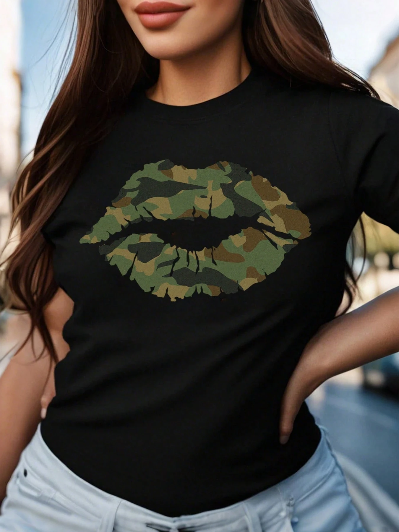 Dames plus size camouflage lipprint T-shirt katoen ademend modieus en veelzijdig unisex streetwear oversized