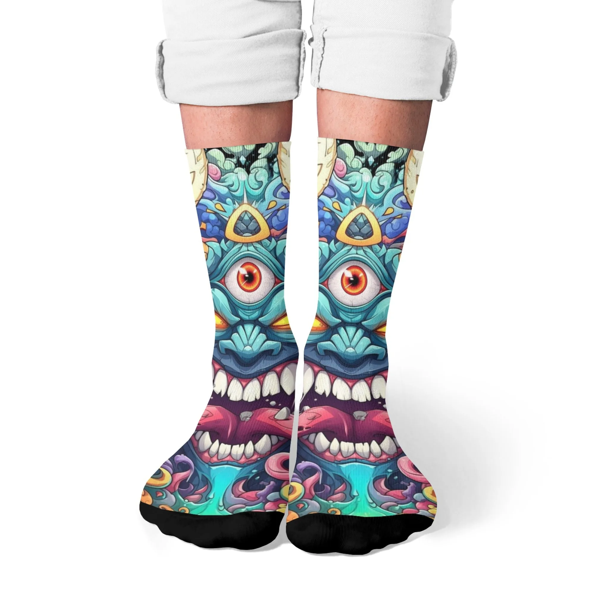 Hip-hop Stylish Monster Crew Socks Black Base with Oversized Colorful Neon Yellow Trim Bold Design for Street Fashion Shoots