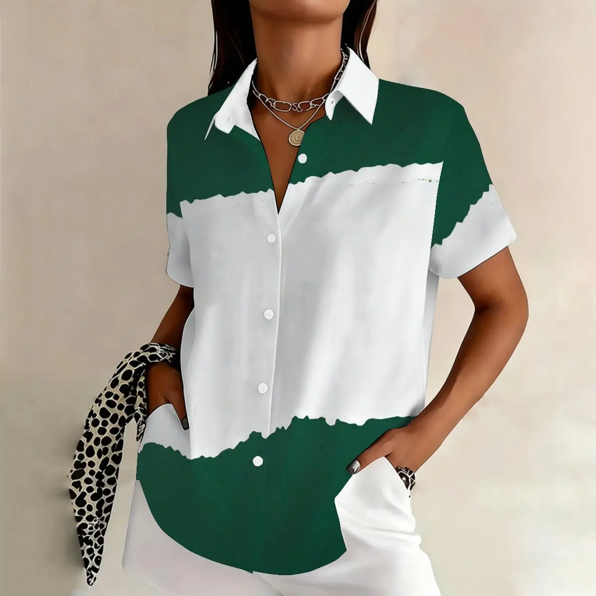 

Summer women's plus-size short-sleeve shirt, fresh green and white color block, simple and clean, versatile for commute outings