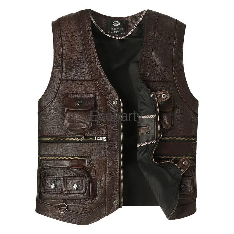 2024 Autumn Winter Leather Vest Men\'s Zipper Waistcoat Steampunk Sleeveless Motorcycle Jackets Casual Multiple Pockets Coat