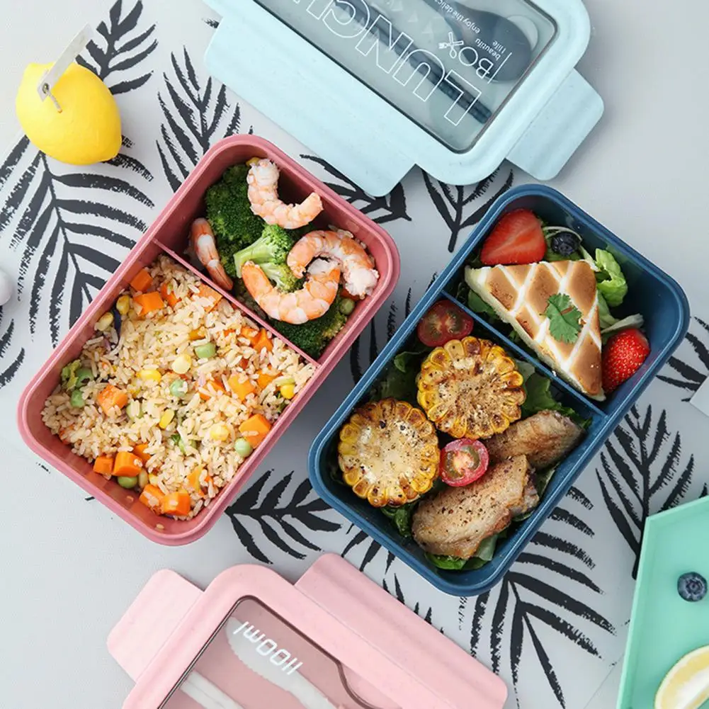 Lunch Box with Chopsticks Spoon Design Double Grids Microwave Safe Food Storage Plastic Clear Lid Bento Case for School