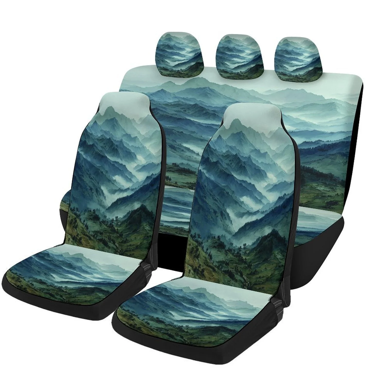 Car Seat Cover Set Featuring A Mountain Forest Mist Design, Suitable For Most Vehicles. This High-Quality And Comfortable Full S