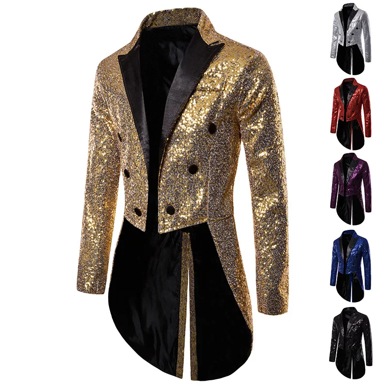 Happyjewery-traje de esmoquin largo y brillante para hombre, chaqueta de lentejuelas para fiesta de baile, abrigos ostentosos para boda, trajes de