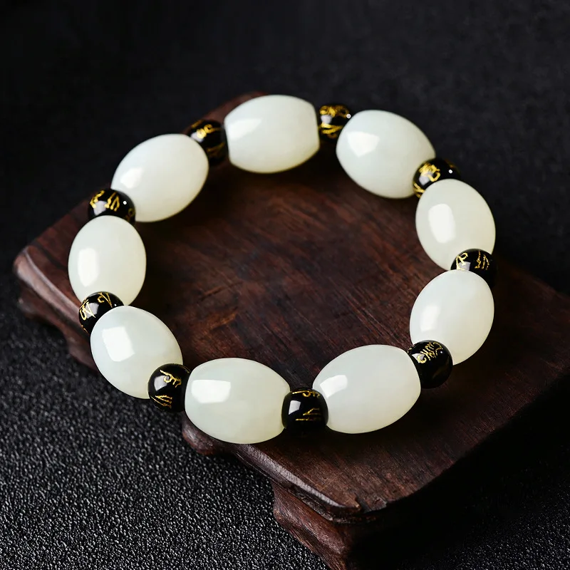Natural Hetian Men Women, Rice Lucky , Green and White Jade Drum Bead Bracelet