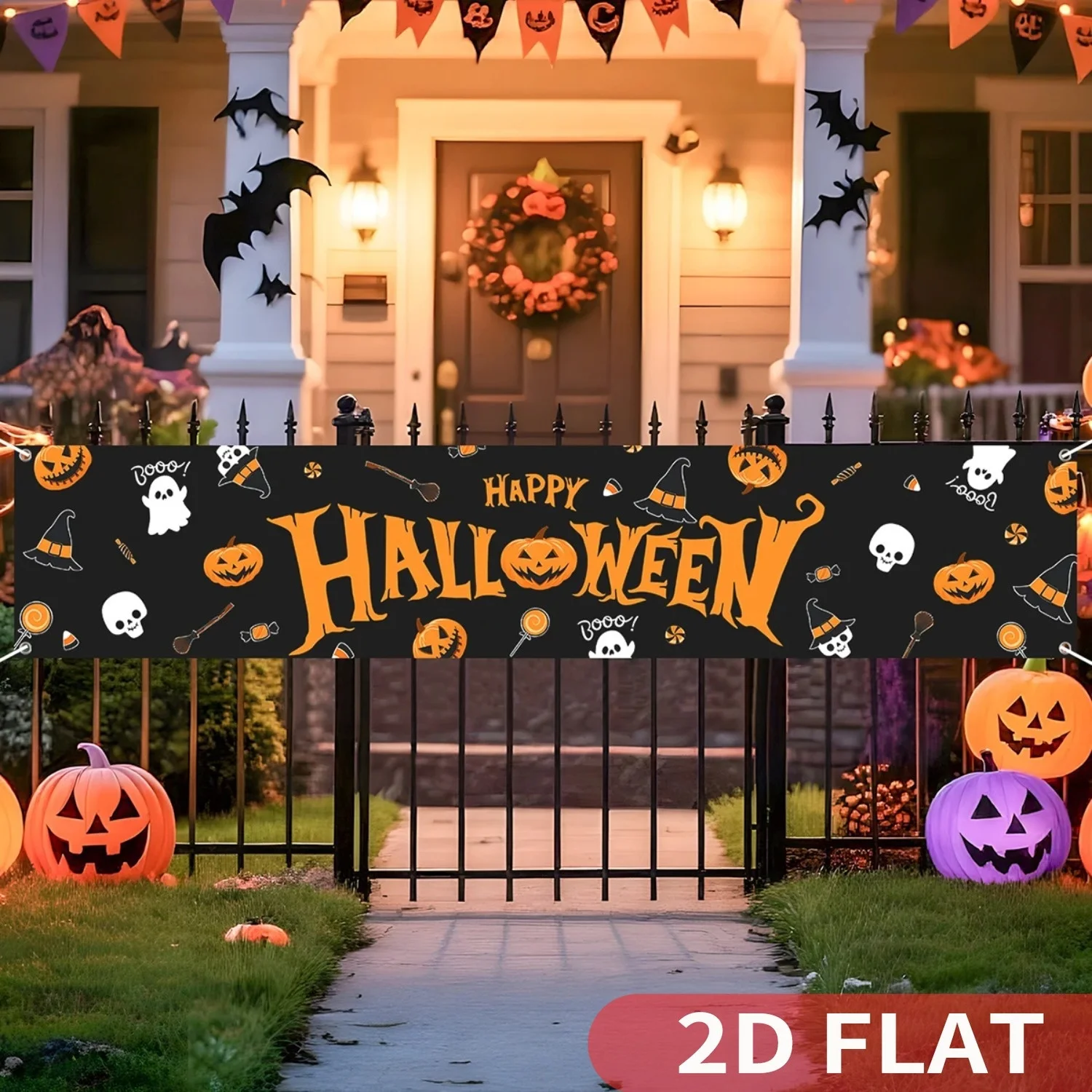 

1pc Happy Halloween Banner Pumpkin Ghost Witch Hat Spider Web Party Backdrop, Durable Polyester Fabric, Perfect Halloween Gift