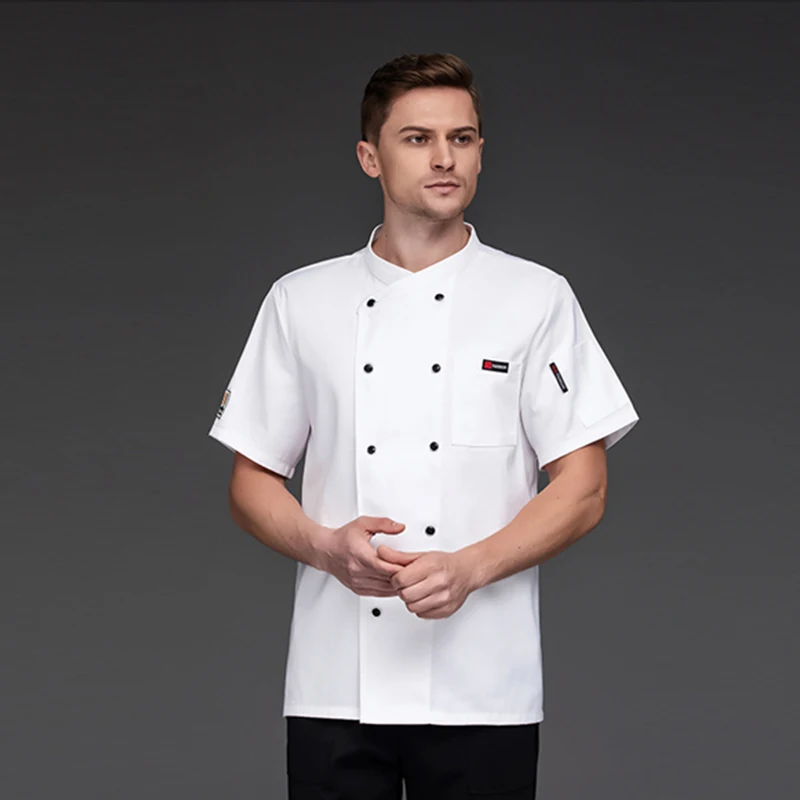 Sommer Männer Küche Jacke Heißer Topf Restaurant Chef Shirt Hotel Backen Kochen Kleidung Caffe Shop Atmungsaktive Kurze Ärmeln Overalls