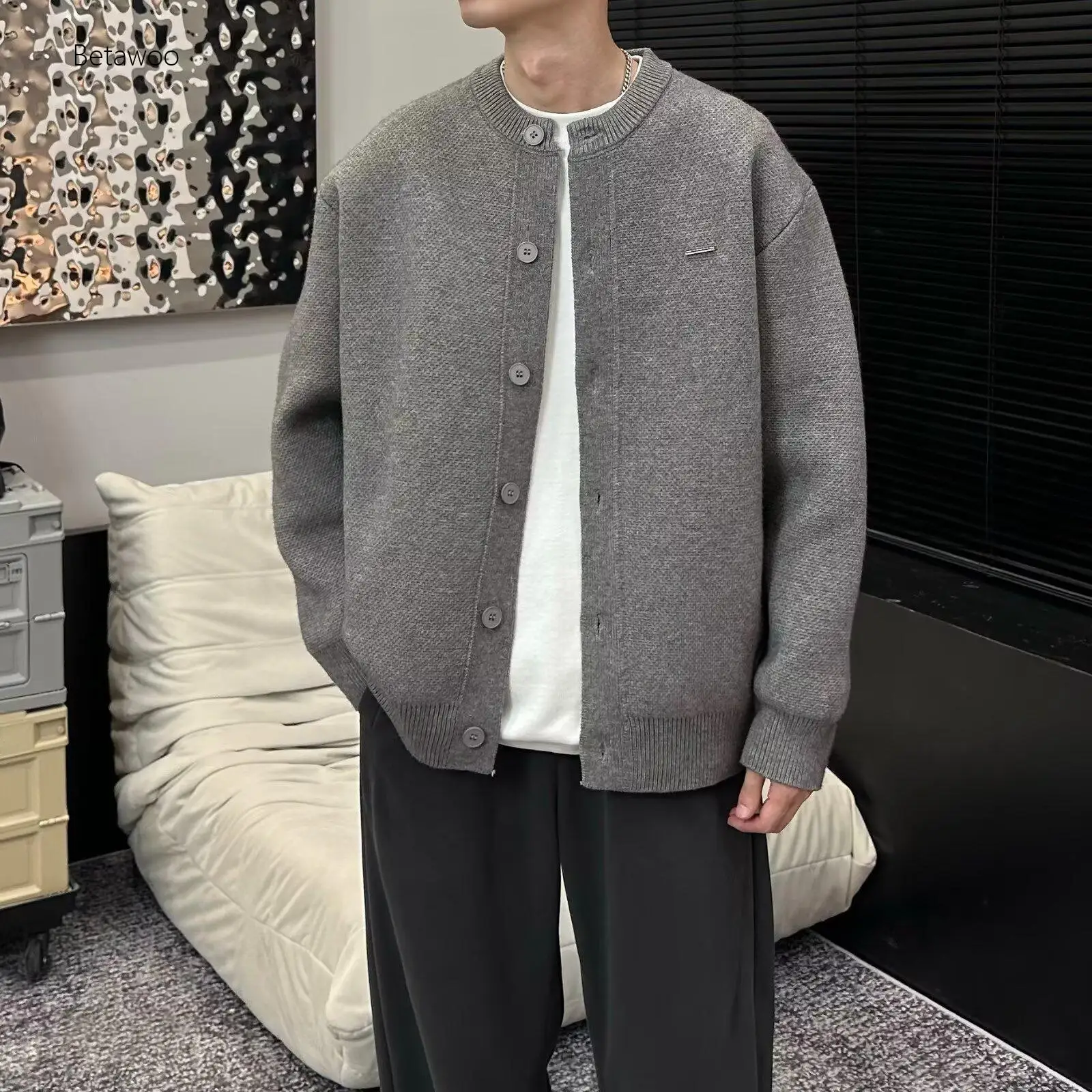 

Men's Loose Fit Gray Knit Cardigan Casual Button-Up Crew Neck Sweater
