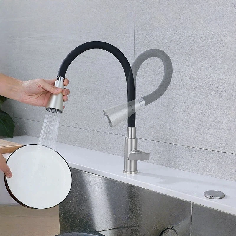 

Single Cold Kitchen Sink Vertical Dishwashing Faucet Universal Silicone Rotating Curved Kitchen Faucet Household Use