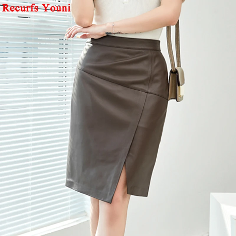 

Ladies Slim Fit Genuine Leather Skirt Women Couro Preta Irregular Fork Midi Jupe Wrapped Hip One Step Meeting Slit saia Feminina