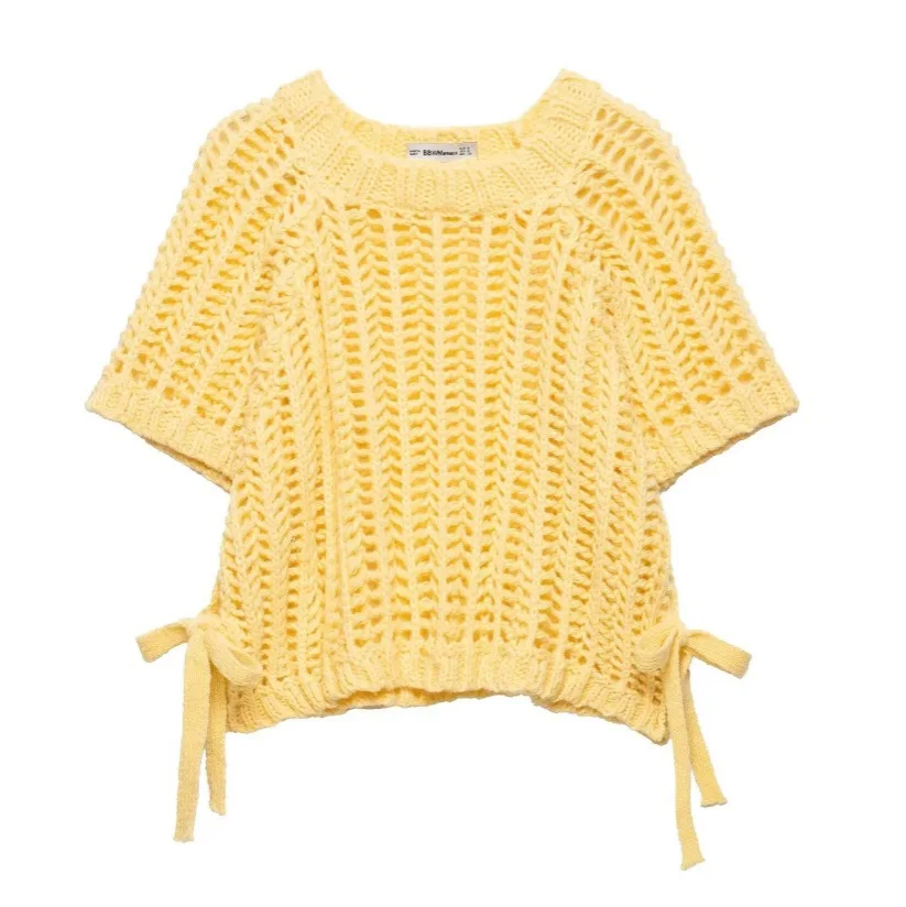 

Женский массивный вязаный топ с боковыми бретелями, круглым вырезом и короткими рукавами, укороченный свитер, пуловер для повседневного женщин, 2025 г.