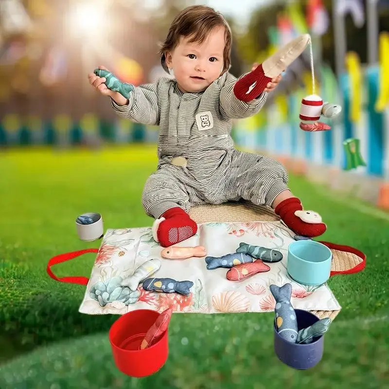 Juguete Montessori para niños pequeños que combina con conteo de números, clasificación de colores con juego de pesca de tela y tazas apilables