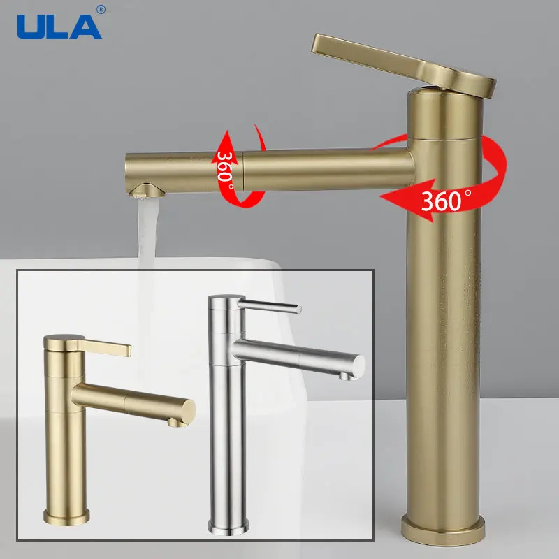 ULA Gold Basin Faucet Deck Mounted Mixer Tap Crane 360 Degree Rotate Waterfall Stainless Steel Hot Cold Water Mixer Faucet