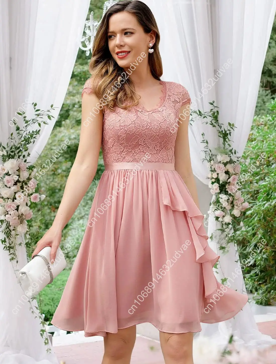 Abito da damigella d'onore da donna Wedtrend 2024 Abito corto da ballo con volant per invitati al matrimonio Abito da cocktail floreale per ritorno a casa