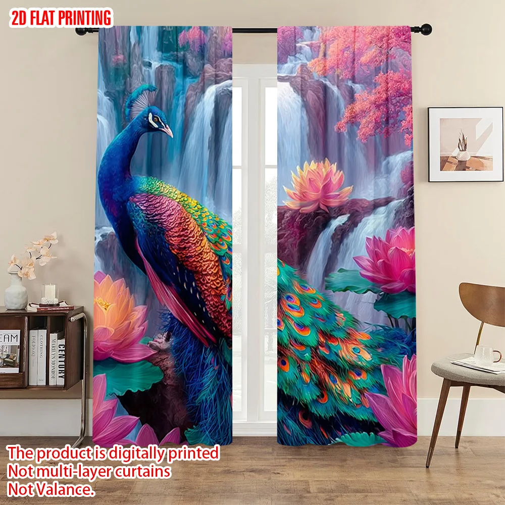 2 قطعة، ستائر طباعة طائرة ثنائية الأبعاد مطبوعة رقمية ملونة تصميم طاووس بوليستر سهل التركيب (بدون قضيب) ديكورات لـ #5
