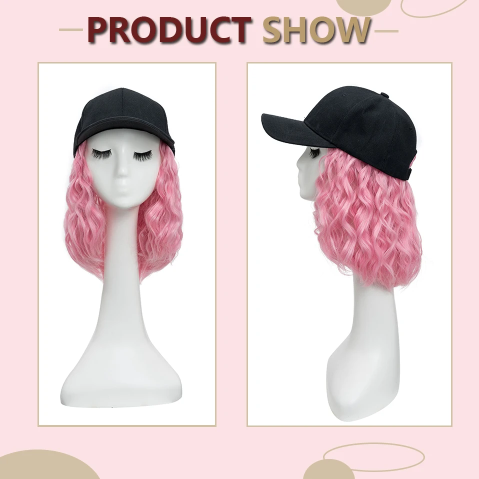 Hairro Synthetic 9 Colours Bob Wavy Hair with Baseball Cap Hat with Hair Wig Black Pink BOB Hair Short Wigs Extensions for Women