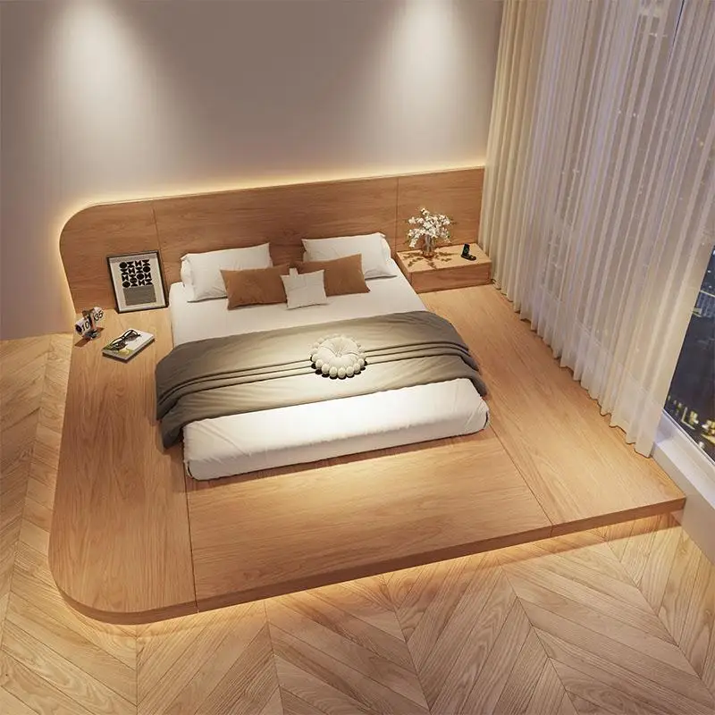 Solid wood Japanese tatami, suspended low bed, ultra-thin bedside, floor-to-ceiling low bed, minimalist double