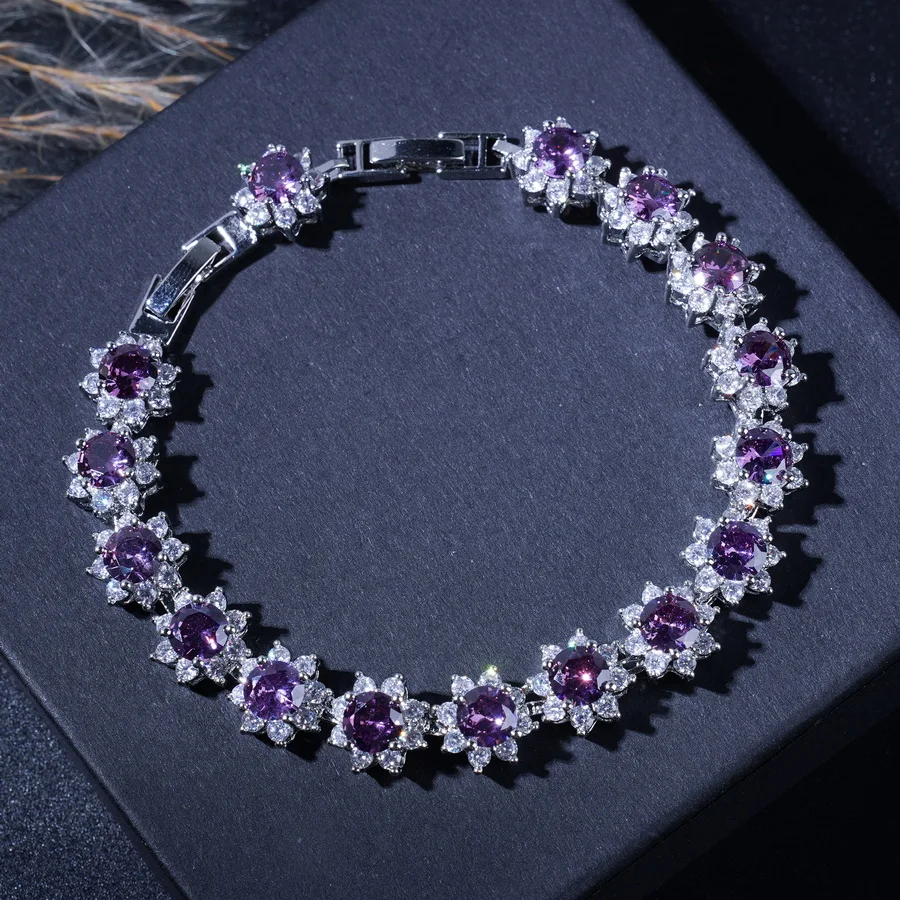 Elegant Purple Zircon Flower Jewelry Set For Women - Includes Bracelet, Earrings, Necklace Ring For Daily Wear & Gifting