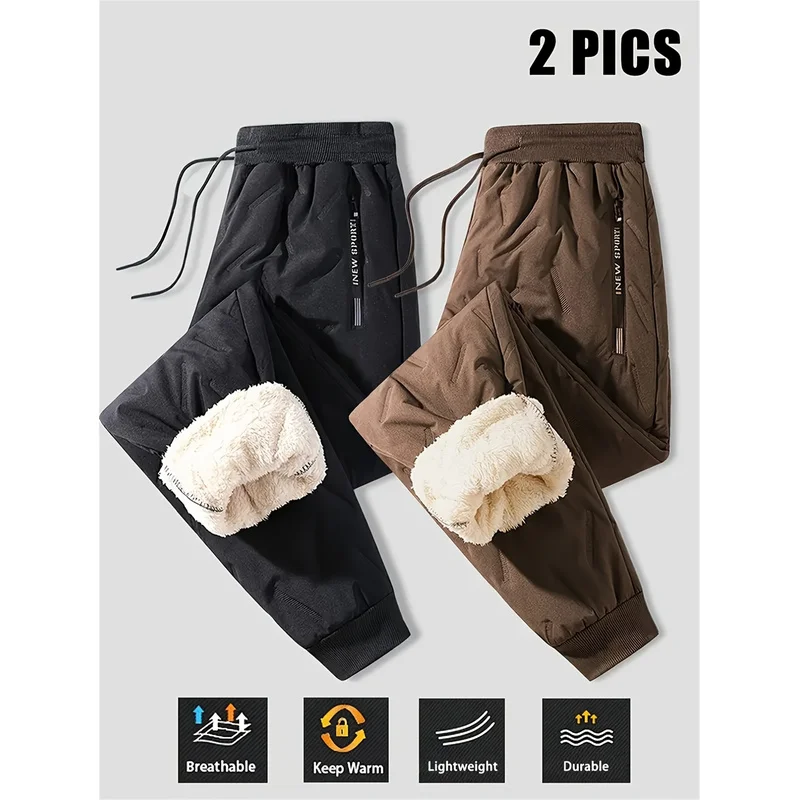 2 Pieces Of Thickened Winter Casual Pants Outdoor Sports 2026 Cargo Clothes Fashion Ankle Length Man Baggy Clothing  Black Men's