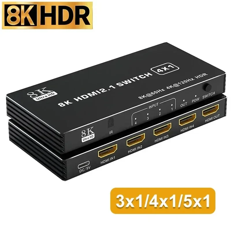 

8K 60Hz HDMI 2.1 Switch 3x1 4x1 5x1 HDMI Switcher 4K 120Hz 3 4 5 in 1 Out with IR Remote 3D HDR 48Gbps for Xbox PS5 PC Projector