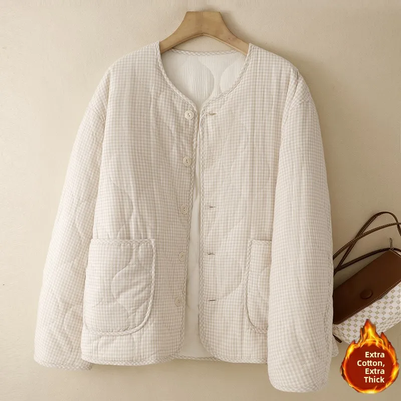 

Утепленное зимнее пальто большого размера в клетку для женщин: модное, свободное, хлопковое, визуально стройнящее, для повседневной носки