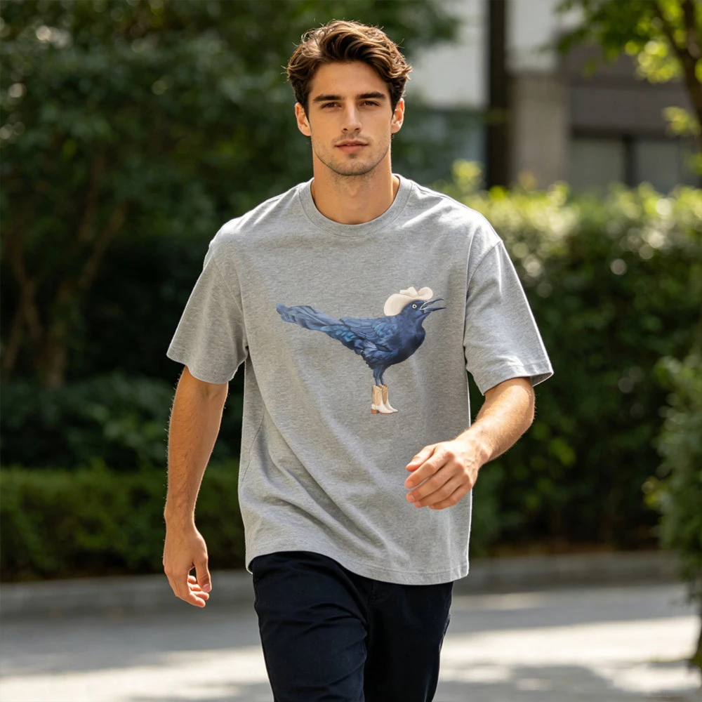 Western Cowboy Crow Print T-Shirt Funny Quirky Bird with Cowboy Hat Boots Casual Cotton Tee Retro Country Humor Short Sleeve