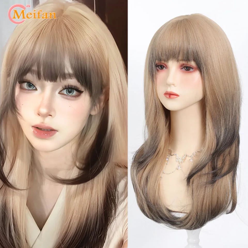 MEIFAN Synthetic Long Wavy Blonde Omber Black Layered Wigs with Bangs Lolita Cosplay Hair Wig for Women Daily Natural Wig