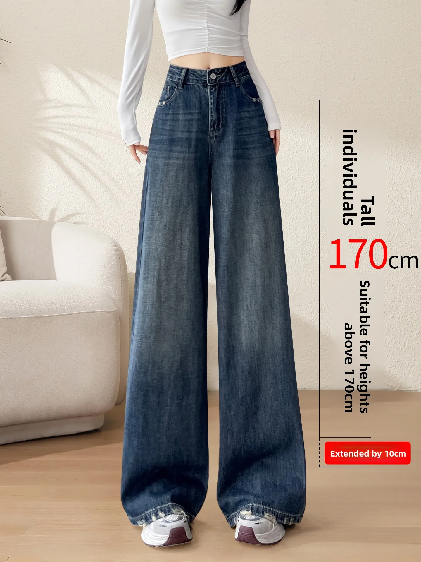 ارتفاع الخصر واسعة الساق الجينز المرأة فضفاضة تناسب المتوترة هيم المطرزة الدنيم السراويل عادية Sle ربيع الخريف عالية الارتفاع بنطلون