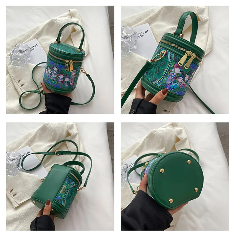 Round Bucket Crossbody Bag For Women Cute Cartoon Printing Handbags Zipper Flap Mini Small Bag Female Embroidery Shoulder Bag