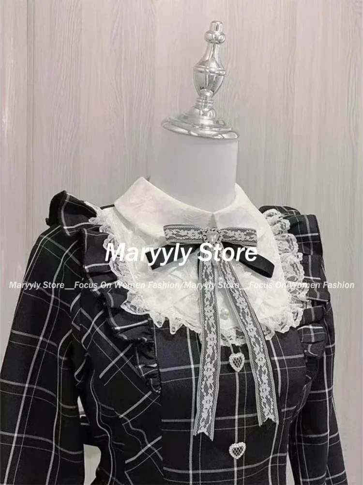 Japanres Sweet Preppy Style Bow Ruffles Dresses Women Y2k Harajuku Slim Mini Dress Autumn Gothic Plaid Long Sleeve Party Dress