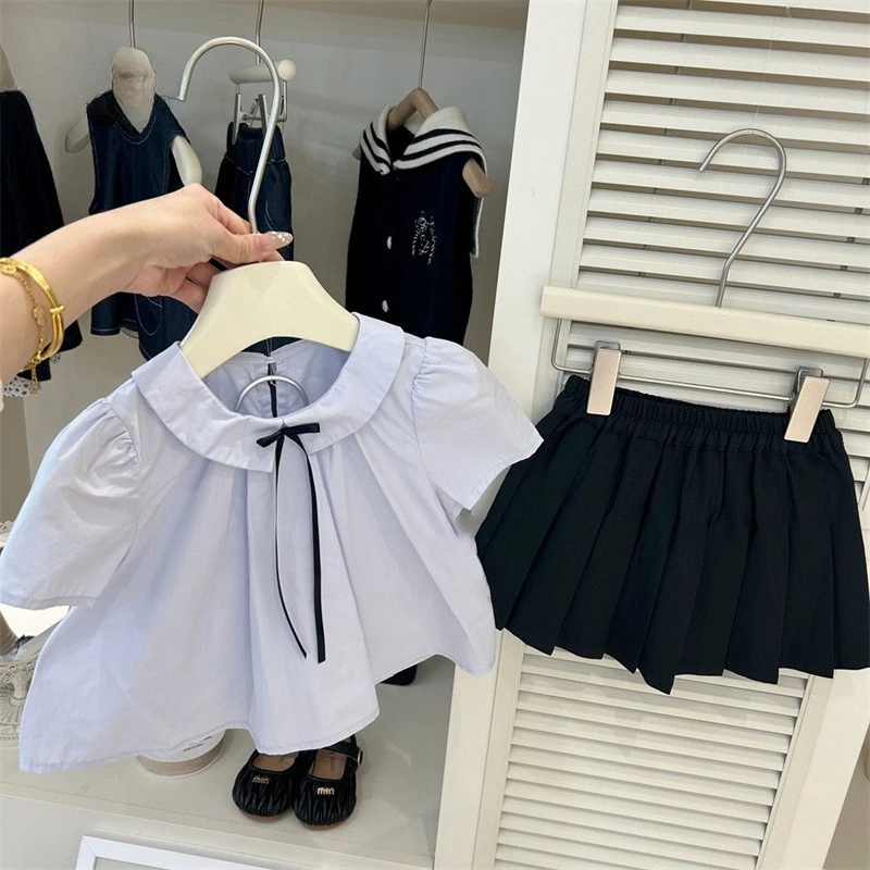 2025 Spring/Summer Baby's Sets Girls' College Style Pleated Skirt Set Summer Short Sleeved Shirt Two-piece Set