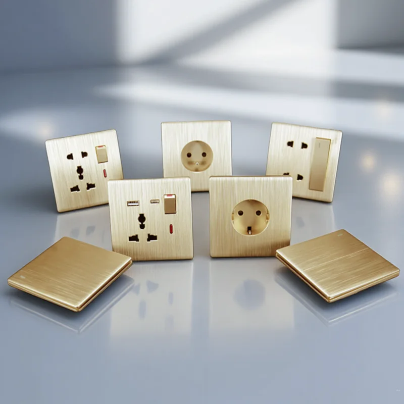New Popular 86mm Ultra thin switch series PC Golden Brushed Micro Curved Large Panel Concealed Embedded Wall Switch Set