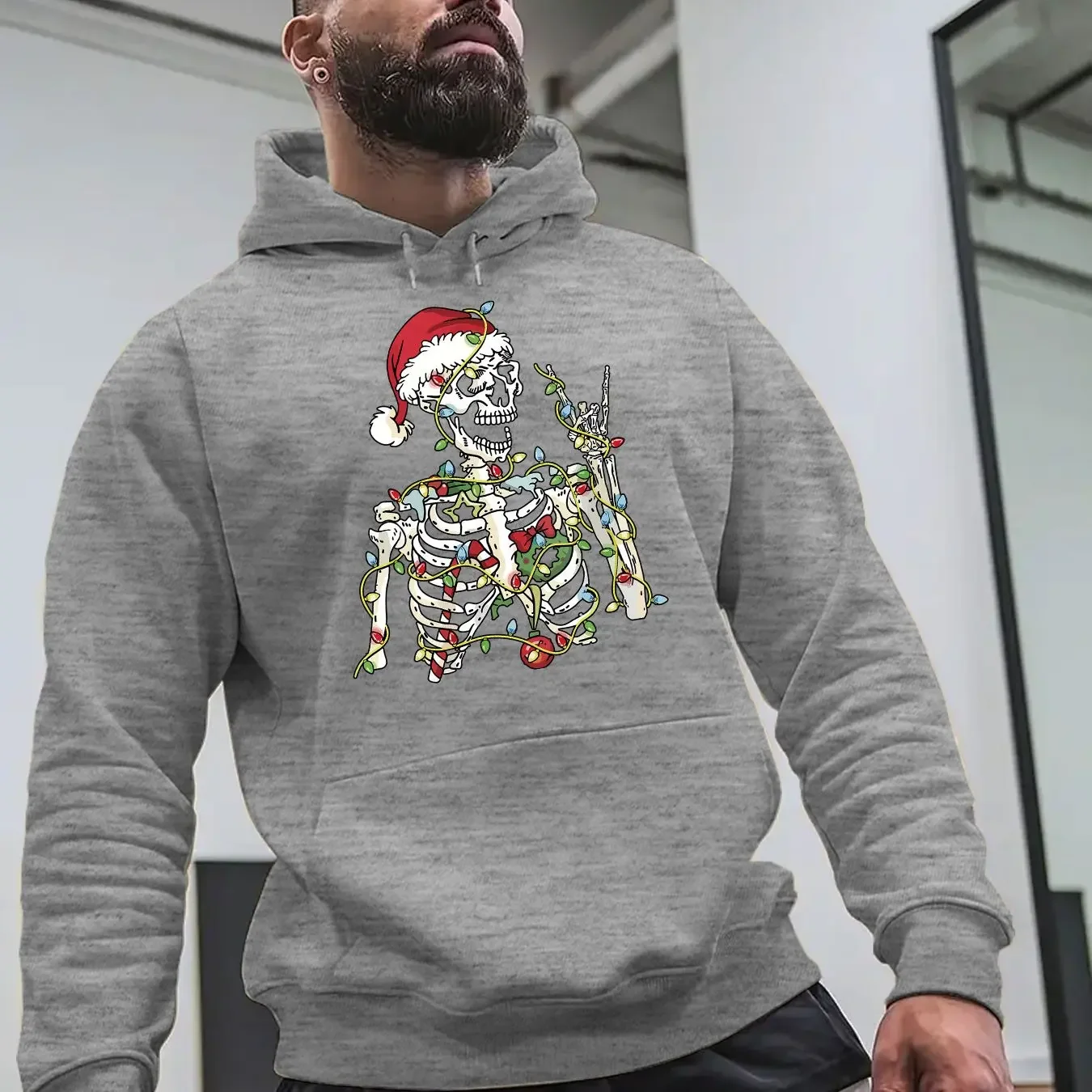 Spooky Xmas Skull Skeleton Santa Cap Multicolor String Light Edgy Casual Holiday Hooded Sweatshirt Men Women Christmas Hoodie - view 5