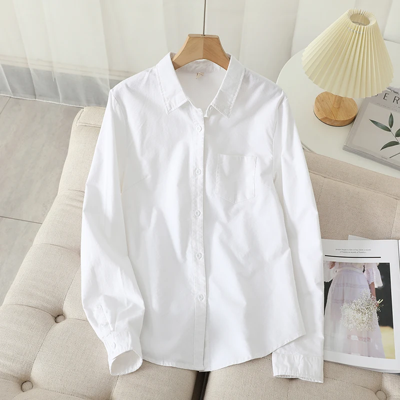 Women\'s Casual Cotton Oxford Shirt 2023 New Woman Striped Blouse and Tops Simple Solid Lady White Blue Shirts Clothes