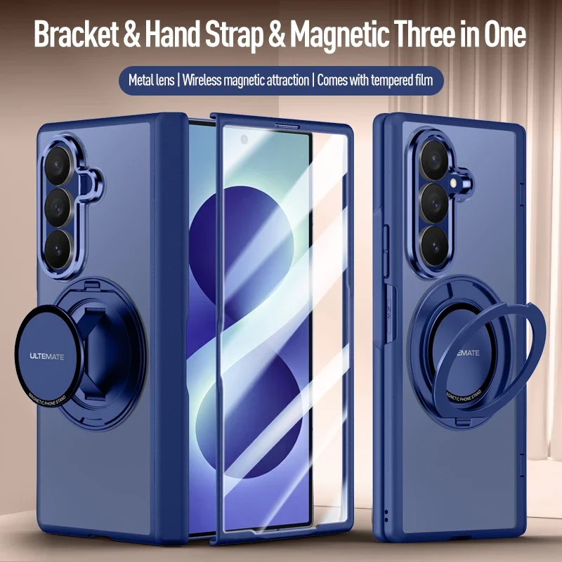 Matte Frosted Case For Samsung Galaxy Z Fold8 Ultra/Fold 8 Ultra/360 Rotating Magnetic Holder Hand Strap With Glass Screen Cover