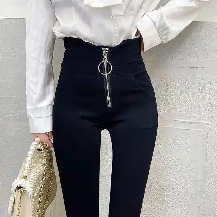 

2024 Autumn Winter New Women Black Leggings Female Casual High Waist Stretch Pants Ladies Zippers Slim Pencil Leggings