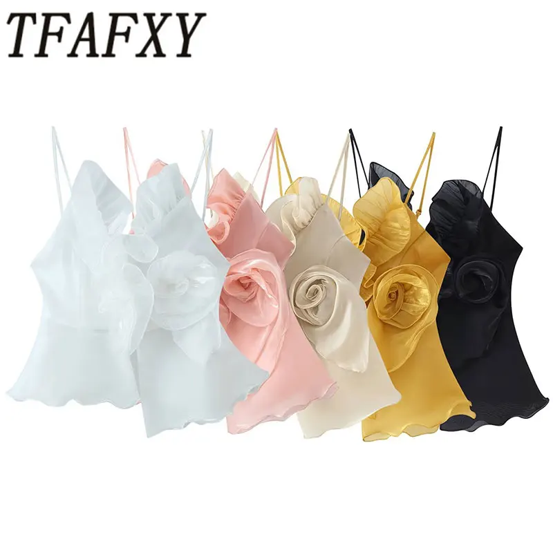 TFAFXY 2026 Sommer Damen Blumenverziertes Camisole Ärmelloses Rückenfreies V-Ausschnitt Rocksaum Schlankes Crop-Top Damen Kurzes Oberteil