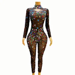 Bunte große Strass steine braun Mesh Bodysuit Abend Geburtstag feiern sexy Overall Outfit Tanz Performance Kostüm heiman