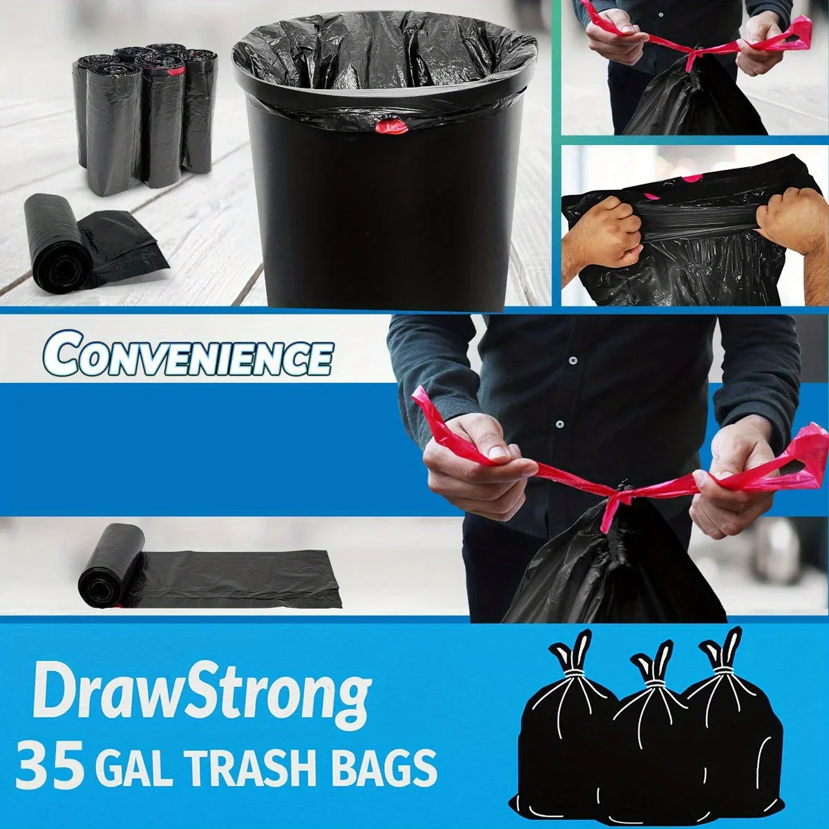 10/20/30pcs Heavy Duty Black Trash Bags, 35 Gal Large Garbage Bags with Drawstrings for Multipurpose Use