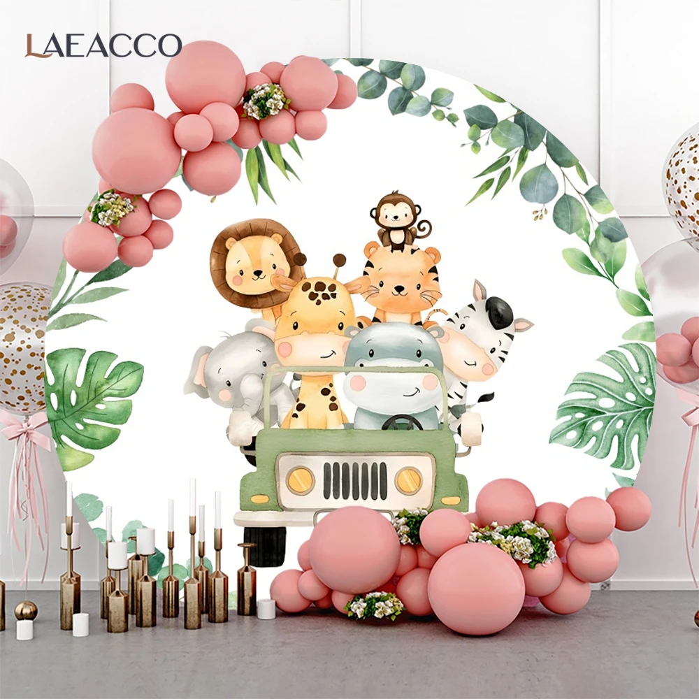 Laeacco Jungle Safari Round Photography Backdrop Cartoon Animals Kids Birthday Party Baby Shower Circle Photo Background Cover