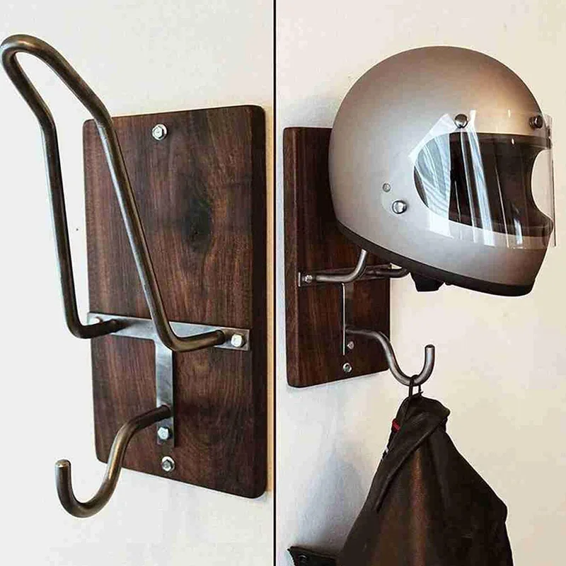 

Motorcycle helmet frame, iron and wood combined material, modern minimalist style, wall-mounted installation.