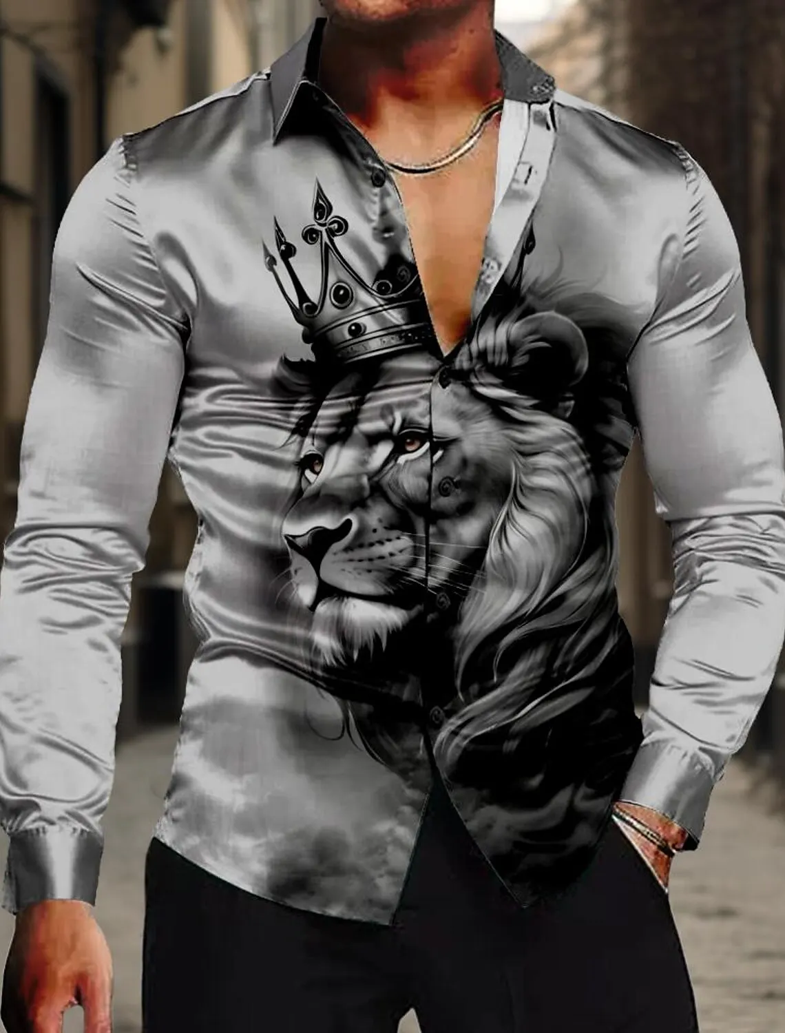 Lion King Casual Men's Shirt Satin Artificial Silk Formal Summer Spring Fall Turndown Long Sleeve 4-Way Stretch Fabric Shirt