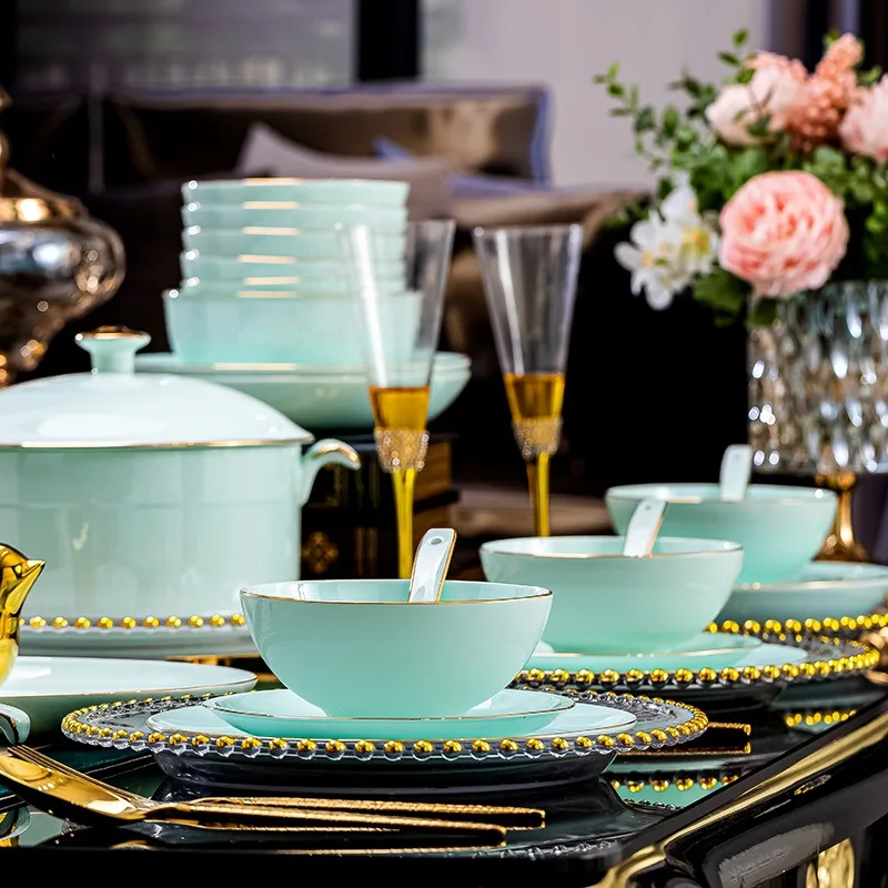 

LingAo--Цендэчжэнь, ручная роспись из костяного фарфора, миска цвета селадона для домашнего использования с золотой оправой, тарелка, блюдце, миска для супа, набор посуды