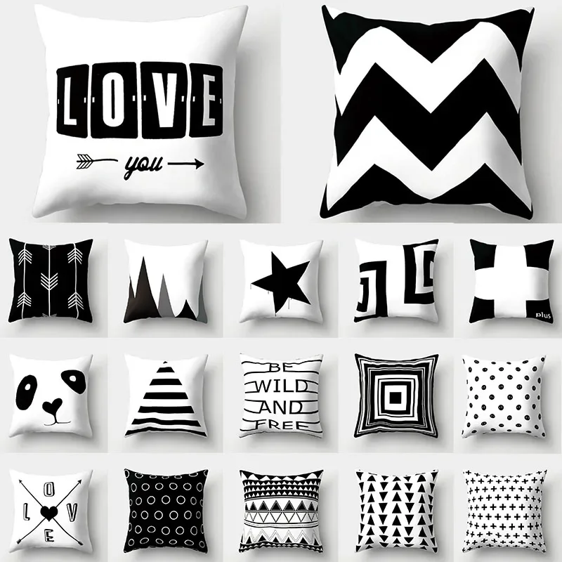 

Ins Style Series White Black Geometric Printed Soft Square Pillowslip Polyester Cushion Cover Pillowcase Living Room Home Decor